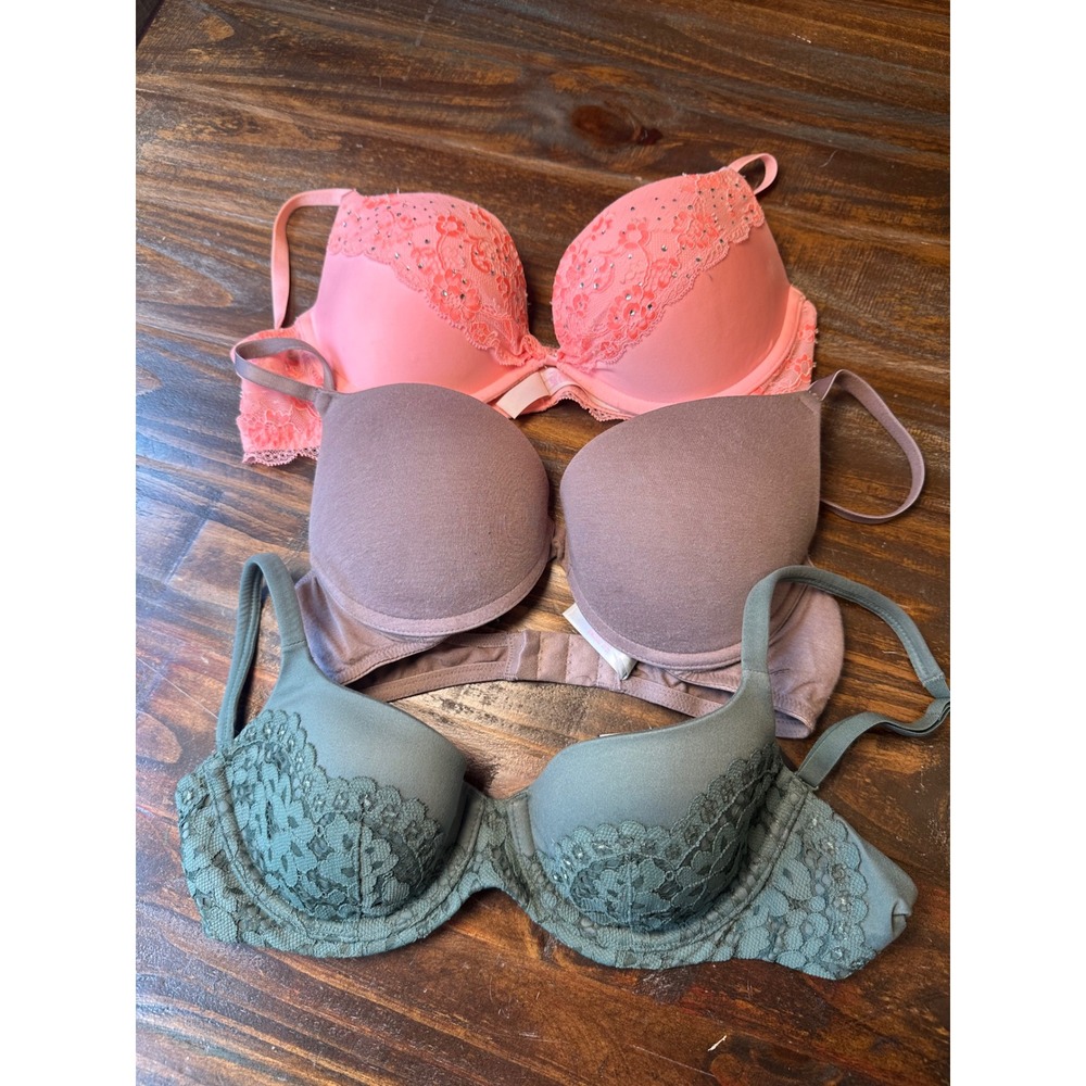Victoria's Secret PINK Bra Bundle 34B Demi Push Up Lace Rhinestone 3 Pack